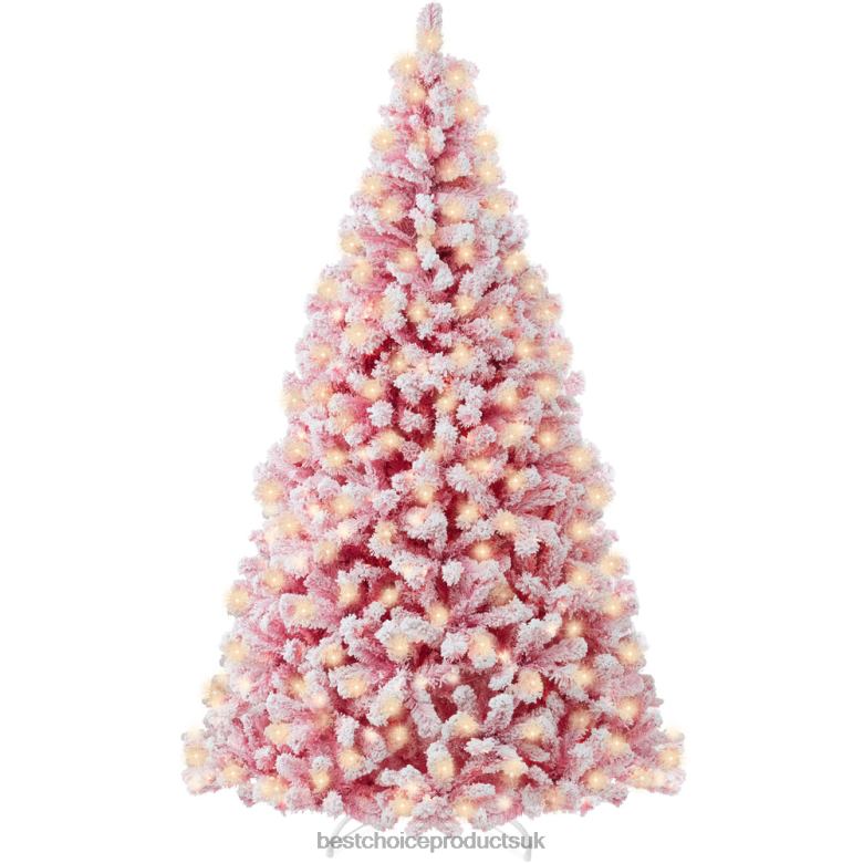 Seasonal Best Choice ProductsPre-Lit Pink Christmas Tree Flocked Full Holiday Decor w/ Metal Base N62R182 Beauty