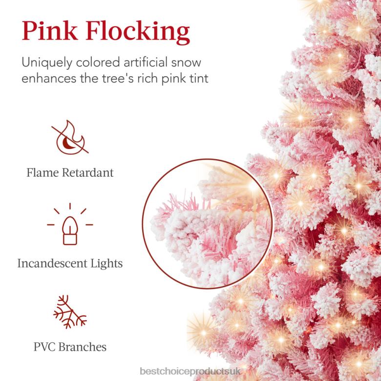 Seasonal Best Choice ProductsPre-Lit Pink Christmas Tree Flocked Full Holiday Decor w/ Metal Base N62R182 Beauty