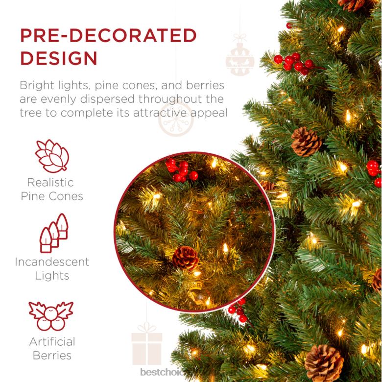 Seasonal Best Choice ProductsPre-Lit Pre-Decorated Spruce Christmas Tree w/ Pine Cones N62R57 Berries