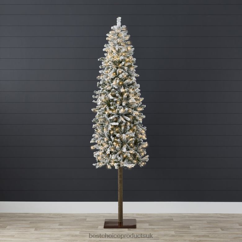 Seasonal Best Choice ProductsPre-Lit Snow Flocked Alpine Slim Pencil Christmas Tree w/ LED Lights, Stand N62R159 Beauty