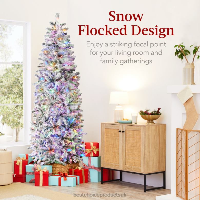 Seasonal Best Choice ProductsPre-Lit Snow Flocked Artificial Pencil Christmas Tree w/ Multicolor Lights N62R255 Beauty