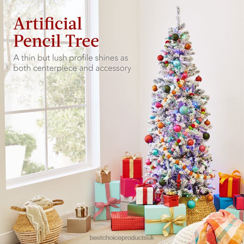 Seasonal Best Choice ProductsPre-Lit Snow Flocked Artificial Pencil Christmas Tree w/ Multicolor Lights N62R255 Beauty
