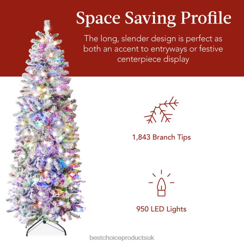 Seasonal Best Choice ProductsPre-Lit Snow Flocked Artificial Pencil Christmas Tree w/ Multicolor Lights N62R255 Beauty