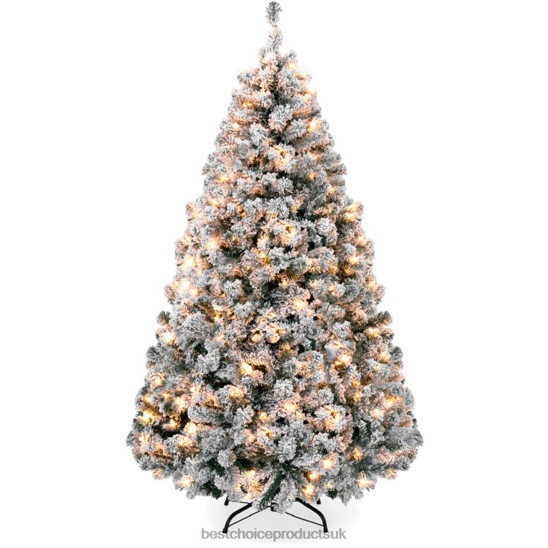 Seasonal Best Choice ProductsPre-Lit Snow Flocked Artificial Pine Christmas Tree w N62R4 Warm White Lights