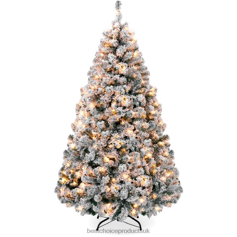 Seasonal Best Choice ProductsPre-Lit Snow Flocked Artificial Pine Christmas Tree w N62R6 Warm White Lights