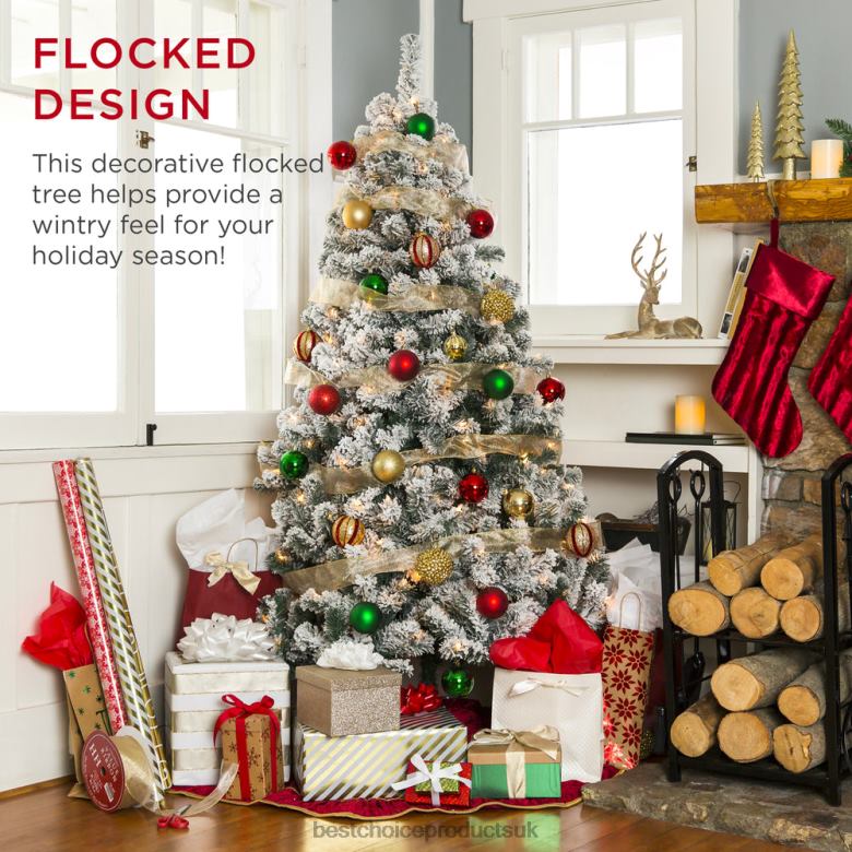 Seasonal Best Choice ProductsPre-Lit Snow Flocked Artificial Pine Christmas Tree w N62R6 Warm White Lights