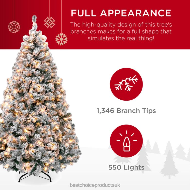 Seasonal Best Choice ProductsPre-Lit Snow Flocked Artificial Pine Christmas Tree w N62R6 Warm White Lights
