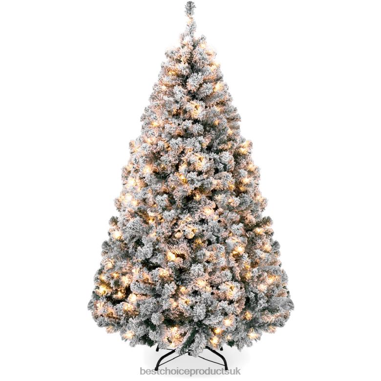 Seasonal Best Choice ProductsPre-Lit Snow Flocked Artificial Pine Christmas Tree w N62R8 Warm White Lights