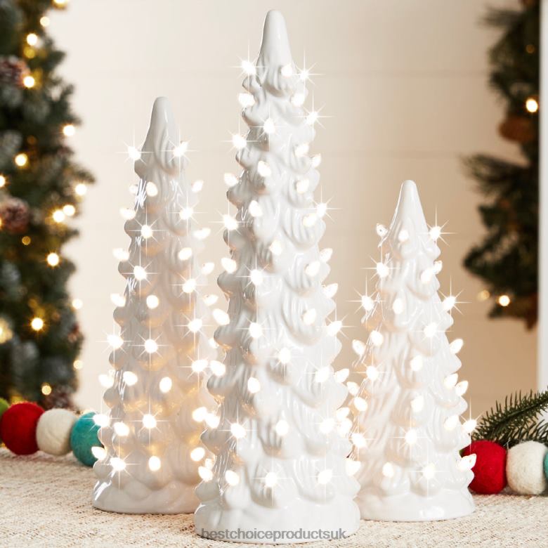 Seasonal Best Choice ProductsSet of 3 Pre-Lit Ceramic Tabletop Christmas Trees N62R204 White w/ Warm White Lights