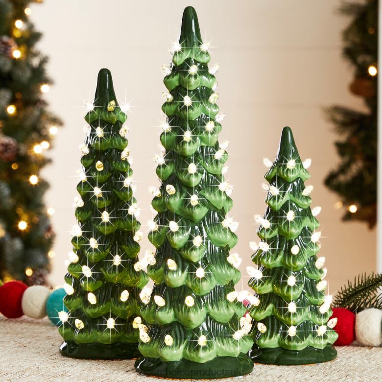 Seasonal Best Choice ProductsSet of 3 Pre-Lit Ceramic Tabletop Christmas Trees N62R205 Green w/ Warm White Lights