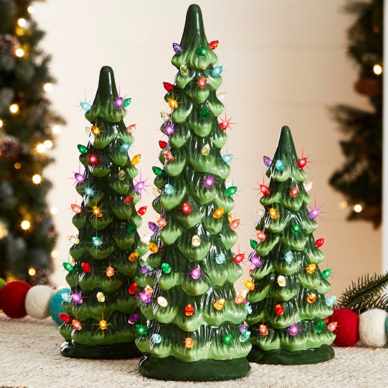 Seasonal Best Choice ProductsSet of 3 Pre-Lit Ceramic Tabletop Christmas Trees N62R206 Green w/ Multicolor Lights