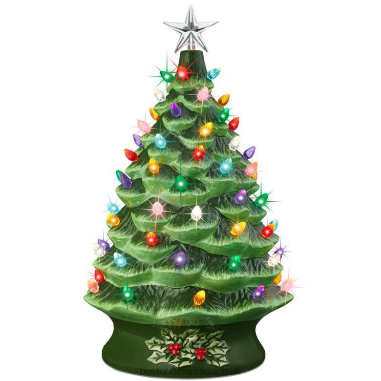 Seasonal Best Choice ProductsXL Pre-Lit Ceramic Christmas Tree Decoration w/ LED Light, Timer N62R164 Green