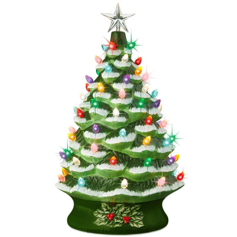 Seasonal Best Choice ProductsXL Pre-Lit Ceramic Christmas Tree Decoration w/ LED Light, Timer N62R165 Flocked/Green