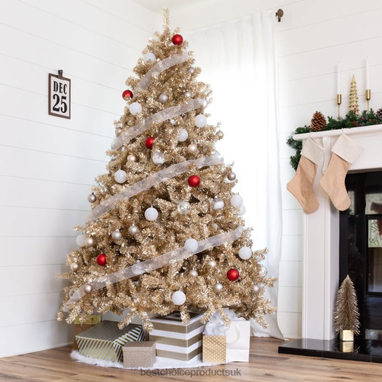 Seasonal Best Choice ProductsChampagne Gold Artificial Tinsel Christmas Tree w/ Foldable Stand N62R239 Beauty