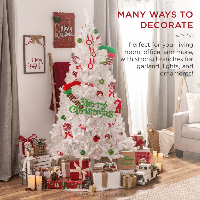 Seasonal Best Choice ProductsPremium White Artificial Pine Christmas Tree w/ Tips, Foldable Metal Base N62R198 Beauty