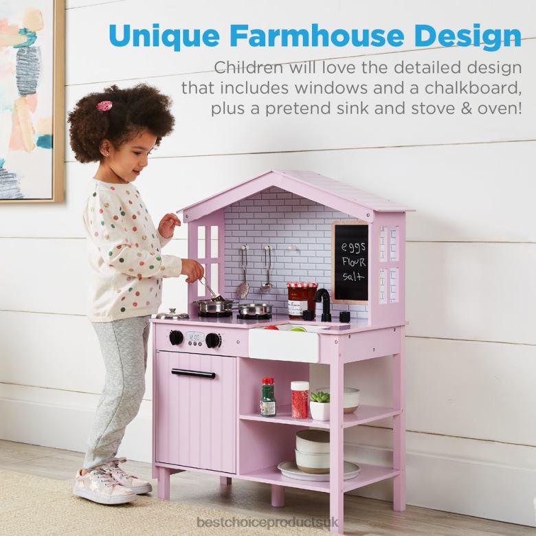 Toy & Game | Best Choice ProductsKids Farmhouse Play Kitchen w/ Chalkboard, Storage Shelves, 5 Accessories N62R297 Pink