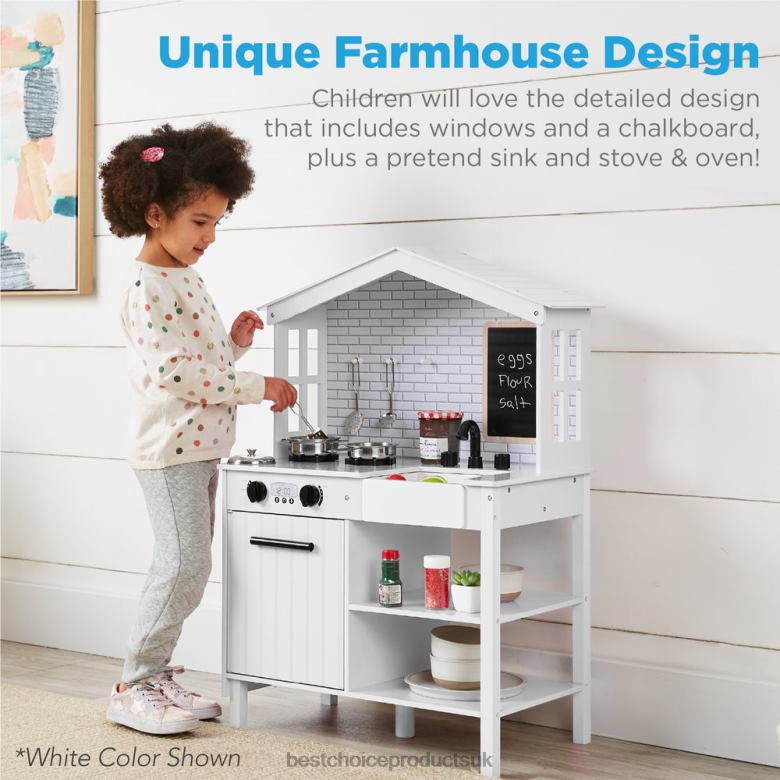 Toy & Game | Best Choice ProductsKids Farmhouse Play Kitchen w/ Chalkboard, Storage Shelves, 5 Accessories N62R299 Beveled White