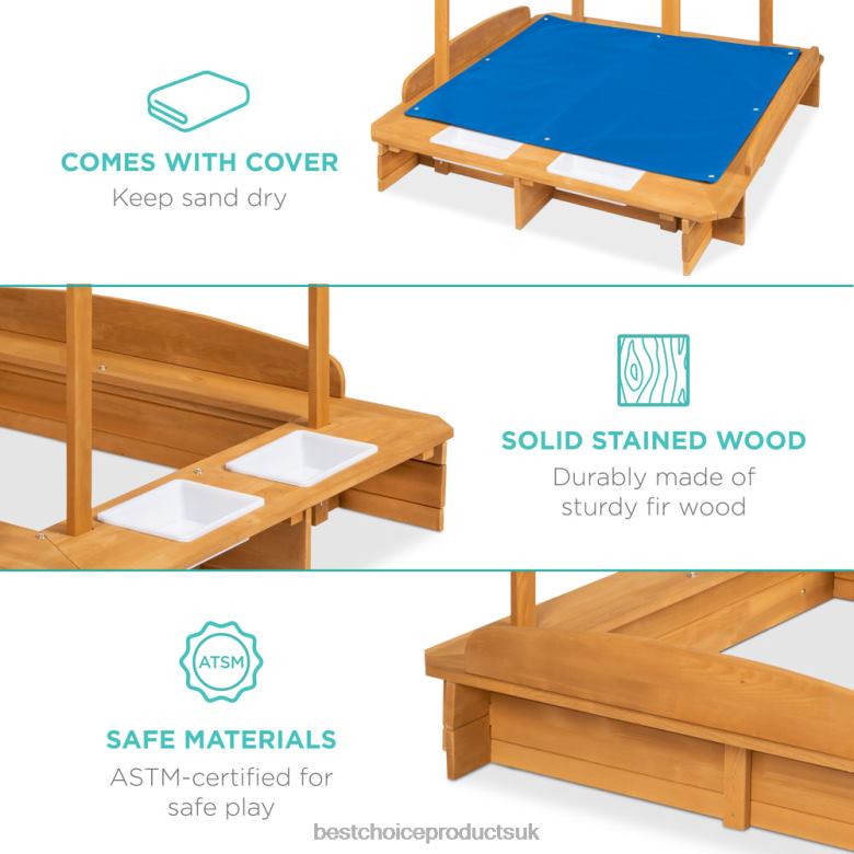 Toy & Game | Best Choice ProductsKids Wooden Cabana Sandbox w/ Benches, Canopy Shade, Sand Cover, 2 Buckets N62R1030 Natural