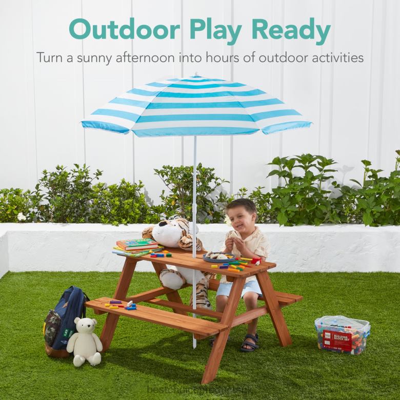 Toy & Game | Best Choice ProductsKids Wooden Outdoor Picnic Table w/ Adjustable Umbrella, Built-In Seats N62R1013 Aqua