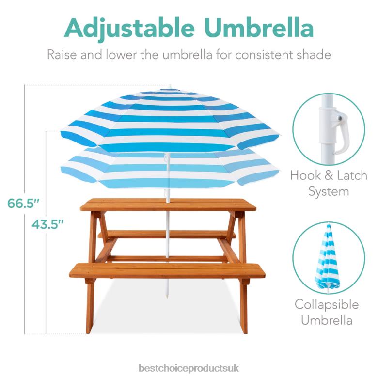 Toy & Game | Best Choice ProductsKids Wooden Outdoor Picnic Table w/ Adjustable Umbrella, Built-In Seats N62R1013 Aqua